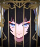  1girl birdcage black_hair blue_eyes blurry blurry_foreground cage camui1104 closed_mouth commentary_request eyeshadow highres long_hair looking_at_viewer makeup medium_bangs red_eyeliner red_eyeshadow revision rindou_aya_(undead_girl_murder_farce) severed_head smile undead_girl_murder_farce 