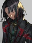  1boy black_hair black_jacket braid chinese_clothes closed_eyes eiki_(eikityou_55) facing_viewer fate/grand_order fate_(series) grey_background highres jacket long_hair male_focus short_hair simple_background single_braid solo tai_gong_wang_(fate) tassel twitter_username upper_body 