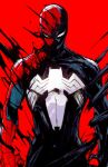  1boy black_bodysuit bodysuit chun_lo feet_out_of_frame highres living_clothes male_focus marvel red_background red_bodysuit simple_background solo spider-man spider-man_(series) spider_web_print superhero symbiote 