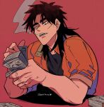  1boy banknote black_eyes black_hair black_shirt brown_jacket cigarette commentary_request counting_money highres inudori itou_kaiji jacket kaiji long_hair male_focus medium_bangs money open_clothes open_jacket open_mouth parted_bangs red_background scar scar_on_cheek scar_on_ear scar_on_face scar_on_hand shirt short_sleeves simple_background sleeves_rolled_up smoke smoking solo upper_body 