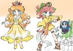  2girls 4others absurdres bamboo blush breasts brown_hair crown dress dual_persona earrings gloves highres holding holding_knife holding_scroll japanese_clothes jewelry knife long_hair looking_at_viewer mario_(series) mini_crown multiple_girls multiple_others ninja ponytail princess_daisy rakugaki_shitagari-ya scroll shy_guy white_gloves yellow_dress 