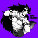  1boy abs absurdres aco_(aco_rz) animal_ears bara black_hair chest_belt cropped_legs dragon_ball dragon_ball_z greyscale_with_colored_background halloween_costume happy_halloween highres large_pectorals leaning_to_the_side long_hair male_focus mature_male muscular muscular_male navel nipples pectorals raditz solo spiked_hair stomach strongman_waist tail thick_eyebrows very_long_hair wolf_boy wolf_ears wolf_tail 
