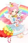  1girl animal_ears boots cure_parfait dress earrings elbow_gloves food-themed_hair_ornament gloves green_eyes hair_ornament hairband highres ibara_(yumekui317) jewelry kirahoshi_ciel kirakira_precure_a_la_mode long_hair magical_girl open_mouth parfait pikario_(precure) pink_hair ponytail precure rainbow skirt smile tail white_gloves white_wings wide_ponytail wings 
