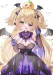  1girl absurdres bat_ornament black_ribbon blonde_hair blush bow bowtie breasts bridal_gauntlets cleavage collar dress eyepatch fischl_(genshin_impact) genshin_impact gloves green_eyes hair_ribbon halloween highres long_hair looking_at_viewer open_mouth pumpkin purple_bow purple_bowtie purple_ribbon ribbon simple_background single_bridal_gauntlet single_glove smile solo two_side_up yuia 