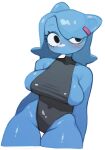  anthro blue_body blush breasts cartoon_network clothing domestic_cat felid feline felis female hi_res lumpypaca mammal nicole_watterson one-piece_swimsuit simple_background solo swimwear the_amazing_world_of_gumball 