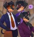  &lt;3 anthro black_body black_fur black_hair blurred_background bodily_fluids brown_body brown_fur canid canine canis clothing domestic_dog eyewear fur grin hair half-closed_eyes heresvix hi_res male mammal narrowed_eyes necktie satchel simple_background smile smirk smug smug_face smug_grin solo suit sunglasses sweat sweatdrop 