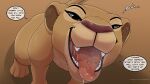  2023 absurd_res bodily_fluids dialogue digital_media_(artwork) disney english_text eyebrows felid feral fur hi_res imminent_vore kuroodod larger_pred lion looking_at_viewer mammal nala_(the_lion_king) open_mouth pantherine saliva solo speech_bubble spread_legs spreading teeth text the_lion_king url 