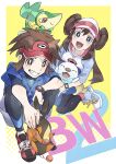  1boy 1girl :d black_pantyhose blue_jacket bodysuit bodysuit_under_clothes bright_pupils brown_eyes commentary_request grin highres holding holding_pokemon jacket nate_(pokemon) open_mouth oshawott pantyhose pkpokopoko3 pokemon pokemon_(creature) pokemon_(game) pokemon_bw2 raglan_sleeves red_headwear rosa_(pokemon) shirt shoes shorts smile sneakers snivy starter_pokemon_trio teeth tepig visor_cap white_headwear white_pupils xtransceiver yellow_shorts zipper_pull_tab 