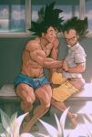 2boys abs ass bara biceps blue_shorts blush briefs clothes_pull couple dragon_ball dragon_ball_z fundoshi furrowed_brow grabbing grabbing_another&#039;s_arm hand_under_clothes japanese_clothes large_pectorals long_sideburns looking_to_the_side male_focus male_pubic_hair male_underwear male_underwear_peek male_underwear_pull multiple_boys muscular muscular_male navel nipples on_bench pectoral_grab pectorals pubic_hair pubic_hair_peek receding_hairline short_hair shorts shorts_pull shy sideburns sitting son_goku spiked_hair stomach supobi sweat sweating_profusely thick_eyebrows thighs underwear vegeta white_male_underwear yaoi 