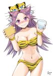  akashieru animal_print bikini blush breasts cleavage cup drinking_glass drunk grin highres jun&#039;you_(kancolle) kantai_collection large_breasts leaning_to_the_side long_hair masu one-hour_drawing_challenge purple_eyes purple_hair simple_background smile spiked_hair strapless strapless_bikini swimsuit tiger_hat tiger_print white_background yellow_bikini 