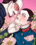  2boys absurdres beard black_hair burn_scar buzz_cut eye_contact facial_hair flower forehead_protector golden_kamuy gradient_background hand_on_another&#039;s_chin highres imperial_japanese_army looking_at_another military_uniform multiple_boys mustache panic_0525 pink_background scar scar_on_face short_hair tsurumi_tokushirou uniform upper_body usami_tokishige very_short_hair yaoi 