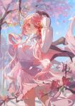  1girl bag black_headwear blinklikeer blue_sky blurry blurry_background blurry_foreground cherry_blossoms cherry_hair_ornament cherry_tree commentary cowboy_shot day falling_petals food-themed_hair_ornament hair_ornament hand_up handbag hat hatsune_miku highres holding holding_bag jacket jacket_on_shoulders light_blush long_hair looking_at_viewer outdoors parted_lips petals pink_eyes pink_hair pink_skirt pleated_skirt sakura_miku shirt skirt sky smile solo symbol-only_commentary twintails very_long_hair vocaloid white_shirt wind wind_lift 