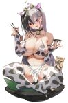  1girl animal_ears animal_print apron bare_shoulders bell bikini black_choker black_hair blush breasts choker chopsticks collarbone cow_ears cow_horns cow_print fake_animal_ears fake_horns food full_body grey_hair hair_between_eyes hair_ornament hairband holding holding_chopsticks horns indie_virtual_youtuber large_breasts looking_at_viewer mole mole_under_eye multicolored_hair open_mouth red_eyes satou_daiji sideboob simple_background sitting smile solo swimsuit thighhighs thighs towa_(towa_akqj10) two-tone_hair underboob white_apron white_background 