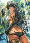  1girl amazon_warrior ass bare_shoulders black_gloves black_hair blue_eyes breasts commentary elbow_gloves facial_mark fingerless_gloves gloves hair_ornament highres large_breasts long_hair looking_at_viewer looking_back original outdoors parted_lips polearm ran&#039;ou_(tamago_no_kimi) solo spear water weapon 