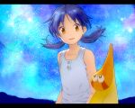  1girl arms_at_sides bare_shoulders blue_hair blue_sky brown_eyes cloud eyelashes flat_chest floating_hair highres hill hoshimaru letterboxed long_hair looking_at_another looking_at_viewer looking_up narutaru night outdoors parted_lips pico_(user_kgxh8534) raised_eyebrows single_bare_shoulder sky sleeveless smile solo sparkle star_(sky) starry_sky tamai_shiina tank_top twintails white_tank_top 