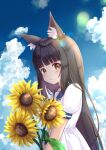  1girl :o alternate_costume animal_ear_fluff animal_ears azur_lane black_hair blue_sailor_collar blue_sky blunt_bangs blush chinese_commentary cloud commentary_request dress flower fox_ears fox_girl from_side long_hair looking_at_viewer m_ko_(maxft2) nagato_(azur_lane) paid_reward_available parted_lips partial_commentary puffy_short_sleeves puffy_sleeves sailor_collar sailor_dress short_sleeves sky solo upper_body white_dress yellow_eyes yellow_flower 