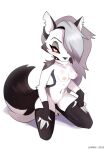  anthro canid canid_demon chilllum clothing demon ear_piercing female fluffy fluffy_tail footwear footwear_only gloves grey_hair hair handwear hellhound helluva_boss hi_res kneeling looking_at_viewer loona_(helluva_boss) mammal mostly_nude nude piercing red_eyes sitting socks socks_only solo tail white_body 