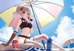  1girl ass beach_umbrella bikini blitzen blush bottle breasts cameo can cloud drill_hair eve_santaclaus frilled_bikini frilled_thighhighs frills grey_hair hair_ribbon highres holding holding_bottle idolmaster idolmaster_cinderella_girls kanzaki_ranko kono_(116) looking_at_viewer medium_breasts navel open_mouth red_eyes ribbon solo swimsuit thighhighs thighs twin_drills umbrella 