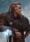  1boy artist_name assassin&#039;s_creed:_valhalla axe beard blonde_hair braid braided_beard eivor_varinsson facepaint facial_hair fur_trim leaning_on_weapon looking_to_the_side medium_hair outdoors snowing solo sunsetagain upper_body vambraces viking watermark weapon 