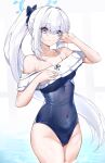  1girl absurdres bare_shoulders blue_archive blue_one-piece_swimsuit bow breasts casul collarbone covered_navel eyes_visible_through_hair frilled_one-piece_swimsuit frills grey_hair groin hair_bow halo highres long_hair looking_at_viewer medium_breasts miyako_(blue_archive) miyako_(swimsuit)_(blue_archive) official_alternate_costume one-piece_swimsuit ponytail purple_eyes simple_background smile solo swimsuit very_long_hair wading water_drop white_background 