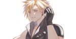  1boy belt_buckle black_gloves blonde_hair blue_eyes buckle cloud_strife collarbone commentary_request earrings final_fantasy final_fantasy_vii final_fantasy_vii_advent_children gloves hand_up hao_xiang_yishui_bu_xing highres jewelry light_smile male_focus parted_lips popped_collar ribbed_shirt shirt short_hair shoulder_belt single_bare_shoulder single_shoulder_pad sleeveless sleeveless_shirt solo spiked_hair stud_earrings upper_body white_background zipper 