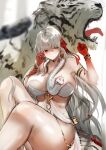 1girl armlet bare_shoulders belly_chain blush body_markings bracelet breasts cleavage collarbone colored_skin durga_(fate) earrings facial_mark fate/grand_order fate_(series) forehead_mark gradient_skin grey_hair hair_ribbon highres jewelry jikihatiman large_breasts long_hair looking_to_the_side pelvic_curtain red_eyes red_skin revealing_clothes ribbon sash sitting snake thighs tiger very_long_hair white_tiger 