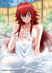  1girl ahoge bamboo_fence bath bathing blue_eyes breasts covering fence hellandheaven high_school_dxd highres huge_ahoge large_areolae large_breasts long_hair naked_towel nipples nude onsen partially_submerged patreon_username red_hair rias_gremory rock see-through steam towel very_long_hair water wet 