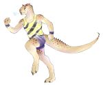  abelisaurid anthro breath carnotaurus claws clothed clothing dinosaur hi_res horn male markings orange_eyes reptile running scales scalie sharp_teeth shirt simple_background solo spots spotted_markings tan_body tan_scales tank_top teeth theropod topwear white_background wristband zhaqez 