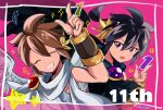  2boys angel angel_wings anniversary black_hair black_wings brown_hair closed_eyes dark_pit feathered_wings hand_up highres kid_icarus kid_icarus_uprising laurel_crown looking_at_viewer multiple_boys pit_(kid_icarus) rune_(ruupokesmash54) siblings signature smile star_(symbol) teeth twins upper_body white_wings wings 