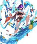  1girl bare_shoulders bikini black_bikini black_choker breasts choker cleavage fire_emblem fire_emblem:_three_houses fire_emblem_heroes fire_emblem_warriors:_three_hopes flower full_body hair_bun hair_flower hair_ornament hair_over_one_eye large_breasts long_hair navel official_alternate_costume official_art purple_eyes purple_hair shez_(female)_(fire_emblem) shez_(female)_(summer)_(fire_emblem) shez_(fire_emblem) simple_background single_hair_bun solo stomach swimsuit white_flower 