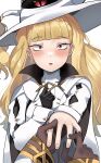  1girl 1other absurdres black_gloves blonde_hair blush commission commissioner_upload eitri_(fire_emblem) fire_emblem fire_emblem_heroes gloves hand_on_own_chest hat highres jewelry kiran_(fire_emblem) non-web_source open_mouth ring surprised wedding_ring white_headwear witch_hat zd_(pixiv6210083) 