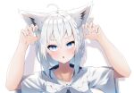  1girl absurdres ahoge amato_0321 animal_ear_fluff animal_ears arms_up blue_eyes blush braid claw_pose collarbone commentary fang fox_ears fox_girl hair_between_eyes highres hololive looking_at_viewer medium_hair open_mouth shadow shirakami_fubuki short_sleeves side_braid simple_background single_braid skin_fang solo virtual_youtuber white_background white_hair 