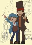  2boys arm_up belt black_eyes blue_headwear blue_jacket blush bow bowtie brown_belt brown_footwear brown_hair brown_headwear brown_jacket brown_pants cabbie_hat car collared_shirt commentary_request full_body grin hand_on_another&#039;s_waist hand_up hat hershel_layton high_collar highres jacket kiwami_(kiwamimuneko) long_sleeves looking_at_viewer luke_triton male_focus motor_vehicle multiple_boys one_eye_closed open_clothes open_jacket open_mouth orange_shirt pants professor_layton red_bow red_bowtie shirt shoes short_hair smile standing teeth top_hat train v white_shirt 