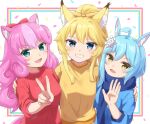  accessory animal_humanoid blonde_hair blue_eyes blue_hair blush breasts canid canid_humanoid canine canine_humanoid cat_humanoid clothing confetti domestic_cat felid felid_humanoid feline feline_humanoid felis female fluffy_ears fox fox_humanoid group hair hair_accessory hi_res humanoid lagomorph lagomorph_humanoid leporid leporid_humanoid machikado07 mammal mammal_humanoid open_mouth pink_hair rabbit rabbit_humanoid rararin_(show_by_rock!!) sanrio shirt show_by_rock!! simple_background smile sumomone_(show_by_rock!!) sweater t-shirt teeth topwear trio uiui_(show_by_rock!!) yellow_eyes 