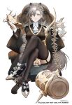  1girl animal_ear_fluff animal_ears arknights black_thighhighs book censored chair closed_mouth crossed_legs garter_belt garter_straps grey_hair hair_between_eyes high_heels holding holding_book long_hair looking_at_viewer mallet mole_above_eye penance_(arknights) sitting solo thighhighs white_background wolf_ears wolf_girl yellow_eyes yokaze_(yokajie) 