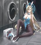  absurdres animal_ears asuna_(blue_archive) asuna_(bunny)_(blue_archive) asymmetrical_bangs blue_archive blue_leotard bow bowtie breasts detached_collar dotthebot fake_animal_ears gloves hair_over_one_eye halo high_heels highres laundromat laundry_basket leotard light_brown_hair mole mole_on_breast pantyhose strapless strapless_leotard thighband_pantyhose traditional_bowtie white_footwear white_gloves 
