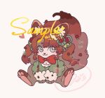  1girl :d animal_ears artist_name bow bowtie brown_fur brown_hair dress full_body furry furry_female green_dress green_eyes hua_hua_de_meme long_hair looking_at_viewer original pinecone red_bow red_bowtie sample_watermark smile solo squirrel_ears squirrel_girl squirrel_tail tail twintails white_background 