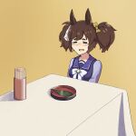  1girl =_= absurdres animal_ears bow brown_hair crying dengakumiso fang food fox_mask hair_bow highres horse_ears horse_girl inari_one_(umamusume) long_hair mask mask_on_head meme_request open_mouth simple_background sitting skin_fang solo table twintails umamusume upper_body yellow_background yellow_bow 