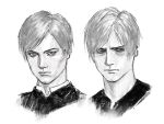  2boys age_comparison bags_under_eyes curtained_hair dual_persona frown furrowed_brow greyscale leon_s._kennedy monochrome mrs.yega_(nai0026er) multiple_boys portrait resident_evil resident_evil_2 resident_evil_2_(remake) resident_evil_4 resident_evil_4_(remake) 