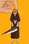  1boy 1other belt between_fingers bleach blush clenched_hands commentary cttttccct disembodied_limb full_body highres holding japanese_clothes kurosaki_ichigo looking_at_viewer male_focus orange_hair sandals simple_background solo spiked_hair sword symbol-only_commentary teeth upper_teeth_only weapon white_belt yellow_background 