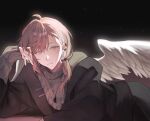 1boy ahoge angel_wings asymmetrical_bangs black_background black_jacket black_pants blush cargo_pants closed_mouth ear_piercing eyelashes feathered_wings grey_eyes grey_sweater hand_on_own_head highres jacket jewelry kanae_(nijisanji) komatsu2536 light_brown_hair long_sleeves looking_at_viewer low_ponytail lying mole mole_under_eye necklace nijisanji off_shoulder on_stomach open_clothes open_jacket pants piercing side_ponytail single_wing smile sweater turtleneck turtleneck_sweater white_wings wings 
