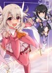  2girls absurdres ascot bangs bare_shoulders black_hair blush boots breasts brown_eyes cape detached_sleeves dress elbow_gloves fate/kaleid_liner_prisma_illya fate_(series) feather_hair_ornament feathers gloves hair_between_eyes hair_ornament hairclip highres illyasviel_von_einzbern kebab_(blackdoll) layered_gloves leotard long_hair looking_at_viewer miyu_edelfelt multiple_girls open_mouth pink_dress pink_footwear pink_gloves prisma_illya purple_leotard purple_sleeves purple_thighhighs red_eyes revision sidelocks skirt small_breasts smile thigh_boots thighhighs thighhighs_under_boots thighs twintails two_side_up white_cape white_footwear white_gloves white_hair white_skirt x_hair_ornament 