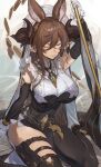  1girl animal_ears asymmetrical_hair asymmetrical_legwear breasts brown_hair closed_eyes detached_sleeves extra_ears frilled_sleeves frills galleon_(granblue_fantasy) gloves granblue_fantasy hashibiro_kou_(garapiko_p) horns large_breasts long_hair multicolored_hair pointy_ears sitting skindentation solo staff streaked_hair thick_thighs thigh_strap thighs wariza white_gloves 