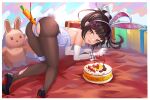  1girl animal_ears birthday_cake black_footwear black_pantyhose borrowed_character box breasts bridal_garter brown_eyes brown_hair cake carrot crotchless crotchless_pantyhose elbow_gloves food fork gift gift_box gloves hair_ornament happy_birthday highres holding holding_fork leotard original pantyhose pasties playboy_bunny ponytail rabbit_ears rabbit_tail sechka sexually_suggestive simple_background small_breasts smile solo stuffed_animal stuffed_rabbit stuffed_toy tail white_gloves white_leotard 