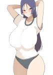  1girl absurdres arms_behind_head arms_up black_buruma blush breasts buruma fate/grand_order fate_(series) highres huge_breasts long_hair looking_at_viewer minamoto_no_raikou_(fate) parted_bangs purple_eyes purple_hair shirt short_sleeves smile solo tatsu_(user_rjes8545) white_shirt 