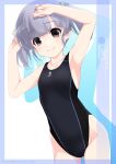  1girl artist_name black_one-piece_swimsuit blunt_bangs breasts brown_eyes character_name competition_swimsuit cowboy_shot grey_hair hand_on_own_head highres inaba_shiki kantai_collection logo looking_at_viewer one-piece_swimsuit ooshio_(kancolle) short_hair small_breasts solo swimsuit twintails two-tone_swimsuit 