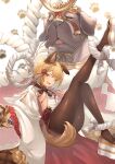  1girl animal_ears backless_outfit beruu blonde_hair blurry blurry_background blush braid breasts brown_pantyhose dog dog_ears dog_girl dog_tail garjana granblue_fantasy hair_ornament highres holding holding_sword holding_weapon katana leg_up looking_at_viewer okobo one_eye_closed pantyhose paw_print paw_print_background platform_footwear rope shimenawa short_hair sideboob single_braid sitting small_breasts sword tail vajra_(granblue_fantasy) w weapon wide_sleeves yellow_eyes 