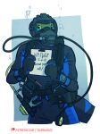  2023 air_bubble anthro bcd black_rubber blue_background blue_rubber border clock darbaras digital_media_(artwork) diving_mask english_text floating green_body green_eyes green_scales hi_res holding_object hose lazlo_(morgan3201) lizard looking_at_viewer male mask mitts neoprene pencil_(object) pressure_gauge regulator reptile scales scalie scuba scuba_gear signature simple_background solo straps tail text underwater url watch water wetsuit white_border zipper 