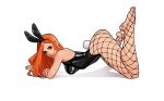  1girl alternate_costume animal_ears artist_name black_leotard fishnet_pantyhose fishnets from_side full_body green_eyes highres kim_possible kim_possible_(series) leotard long_hair looking_at_viewer olena_minko orange_hair pantyhose patreon_username playboy_bunny pose_request rabbit_ears rabbit_tail simple_background solo tail turning_head web_address white_background 