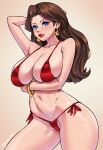  1girl arm_behind_head arm_under_breasts arm_up bikini blue_eyes blush bracelet breasts brown_hair cleavage collarbone dangle_earrings donkey_kong_(game) donkey_kong_(series) dracksart earrings eyelashes eyeshadow gold_earrings gradient_background highres jewelry large_breasts lipstick long_hair looking_at_viewer makeup mario_(series) navel pauline_(mario) purple_eyeshadow red_lips shiny_skin signature simple_background smile stomach sweat swimsuit wet 